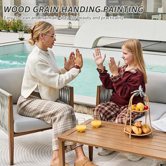 NATURAL EXPRESSIONS 4 Pieces Patio Furniture Sets, Outdoor Patio Deep Seating Group Conversation Sofa Set with Handwoven Rope, Wooden Grain Printing Metal Frame with Olefin Cushions