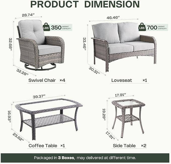 8-Piece Patio Furniture Set, Outdoor Wicker Furniture with Coffee Table, High Back Swivel Rocker Patio Chairs, Modern Rattan Outdoor Chairs Conversation Set for Porch, Balcony, Garden, Grey