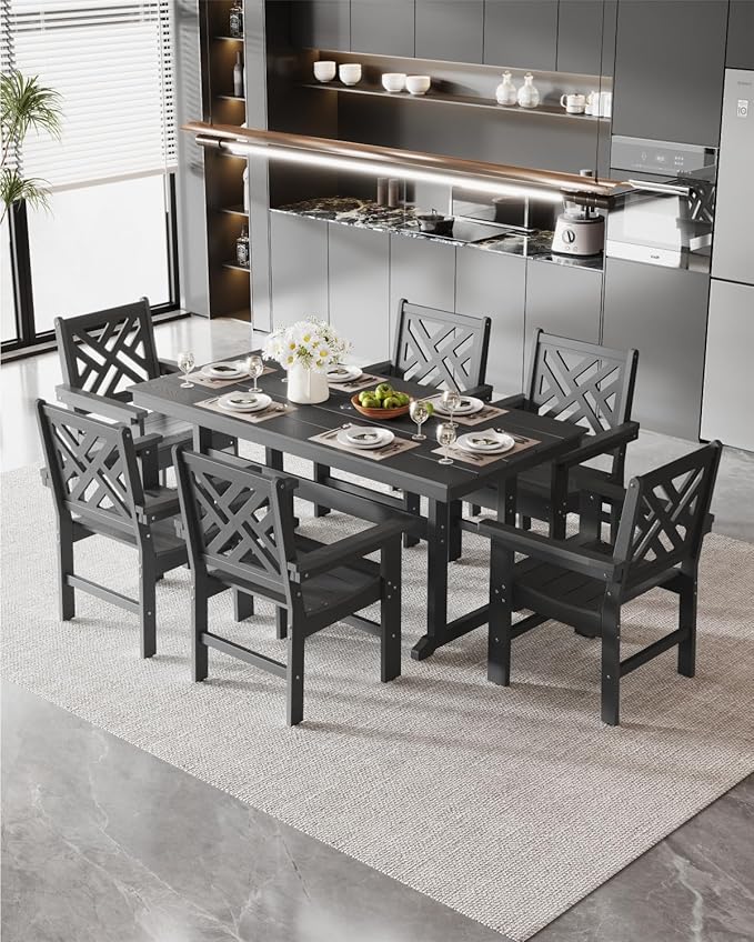 7-Piece Outdoor Dining Set, HDPE All-Weather Patio Table and Chairs Set for 6, Outdoor Patio Furniture Sets with Umbrella Hole for Outside, Deck, Backyard, Garden (Black)