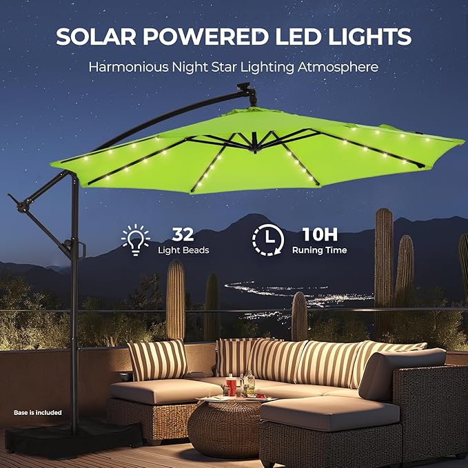 HOMSHADE 10ft Solar Lights Offset Cantilever Patio Umbrella - with Light and Base, LED Lighted Offset Hanging Patio Outdoor Market Umbrella UPF50+ UV Protection with Easy Tilt and Crank (Apple Green)