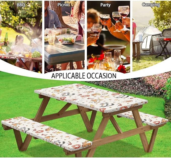 Cute Cat Table Cover with Bench Covers Washable Rectangle Table Cover Outdoor Patio Camping Essentials Picnic Table and Chair Decorative Cover Suitable for Family Gatherings Vacations
