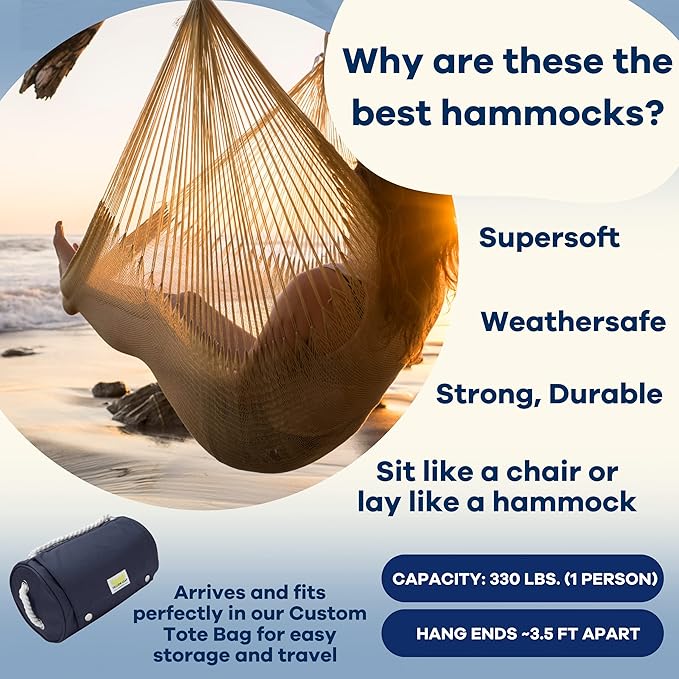 Handwoven Hammock & Charcoal Vista Stand by Yellow Leaf Hammocks - Hanging Chair, Fits 1 Person, 330lb max - Weathersafe, Easy to Hang & Setup, Ultra Soft, Artisan Made - Hammock Color: Natural Khaki