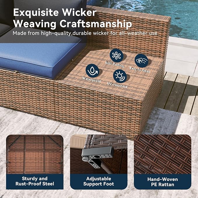 LazySunsets 8 Piece Outdoor Patio Furniture Set with 44'' Fire Pit Table, Outdoor Patio Furniture Set with Waterproof Cover, Wicker Rattan Outdoor Conversation Set for Backyard & Garden, Blue