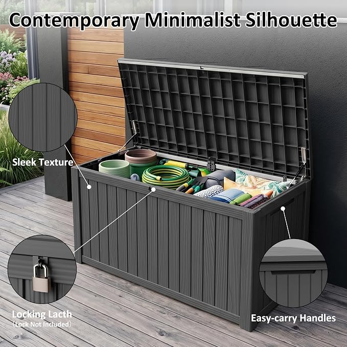 PatioZen 200 Gallon Deck Box, Outdoor Storage Box, Large Deck Box, Lockable, Waterproof &UV-resistant for Patio Furniture, Garden Tools, Garden Tools, Pool Accessories black