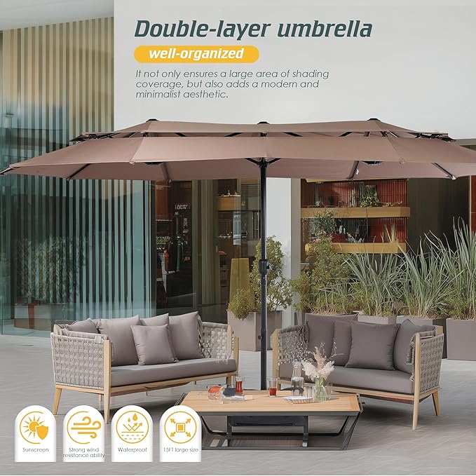 Nice C 13-15FT Large Double Sided Patio Umbrella, Double Layer Market Rectangle Umbrella, Large Deck Umbrella With Crank For Outdoor Poolside Backyard Pool Garden