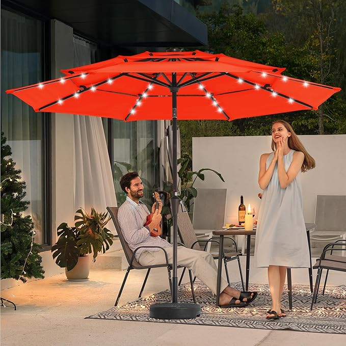JEAREY 3 Tiers Patio Umbrella with Solar Lights 9ft Outdoor Market Table Umbrellas with Push Button Tilt for Outside Pool Garden, Orange