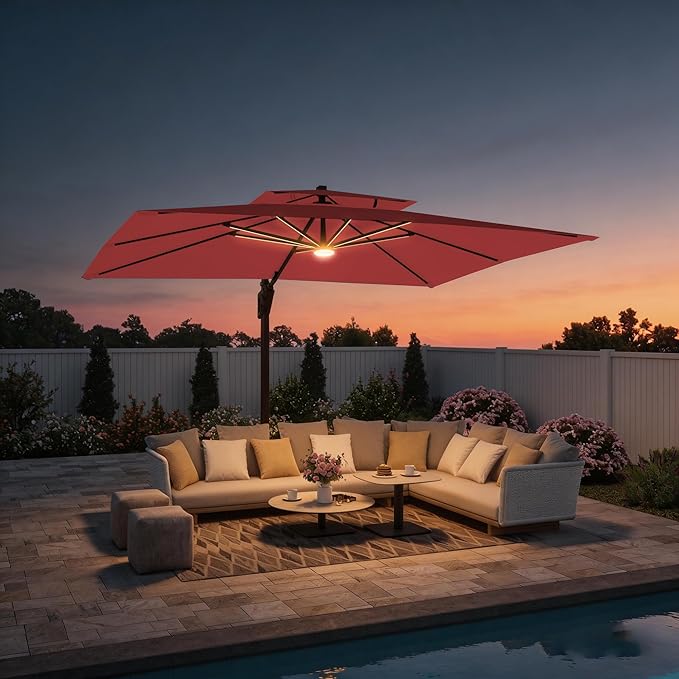 9 X 12 FT Cantilever Outdoor Patio Umbrella with Base Included Large Heavy Duty 360° Rotation Double Top Offset Rectangular Umbrellas with LED Lights for Backyard Outside Deck, Red