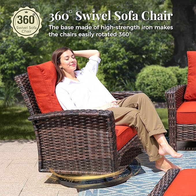 6-Piece Wicker Patio Furniture Set with Swivel Chairs, High Back Outdoor Furniture with Fire Pit Table and Ottoman, All-Weather Wicker Patio Conversation Set for Deck Yard Pool,Red