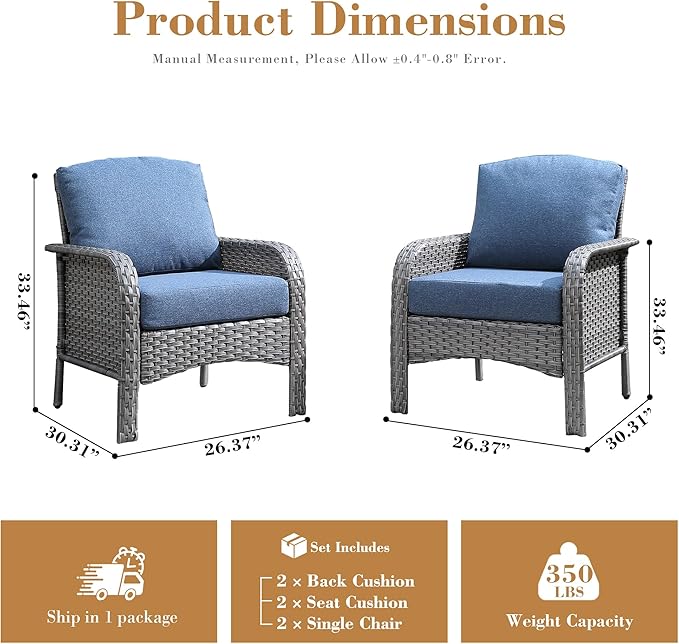 2 Pieces Patio Furniture Set, Two Single Chair Outdoor Furniture, All-Weather Rattan Wicker High Back Conversation Set of 2 for Small Space Porch, Backyard, Balcony, Denim Blue