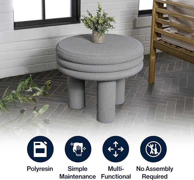 JONATHAN Y Rashida 18" Modern Round Polyresin Indoor Outdoor Accent Coffee Table, Weather Resistant Low Table with Chunky Ribbed Stacked Ring Design and Tripod Pillar Base, Gray Frosted TBL1106A