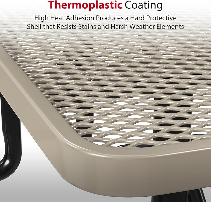 Leisure Craft Metal Picnic Table with Bench - 6 ft Rectangle Outdoor Dining Table for 6, Umbrella Hole, Weatherproof Heavy Duty Thermoplastic Coating, Commercial Grade Furniture Made in USA - Beige