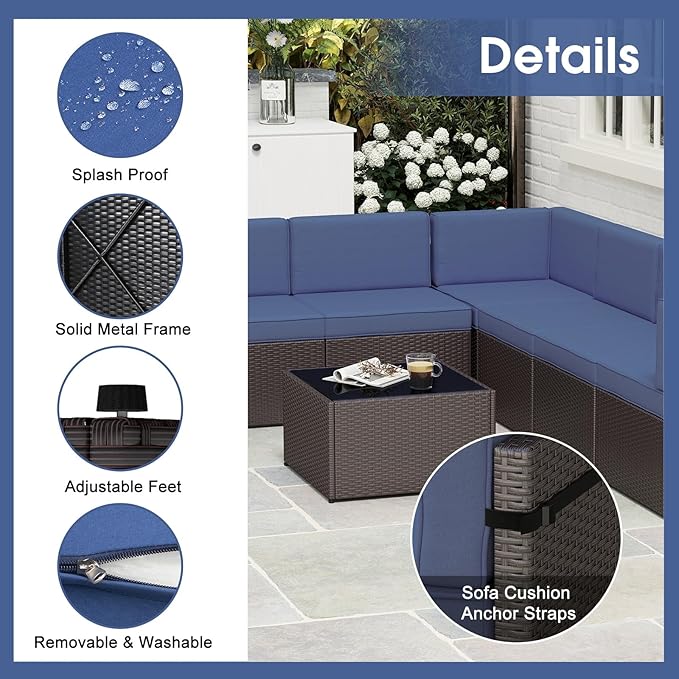 kinbor 7 Piece Outdoor Furniture Set - Waterproof Brown PE Wicker Patio Sofa with Cushions for Backyard, Poolside & Porch, Navy Blue