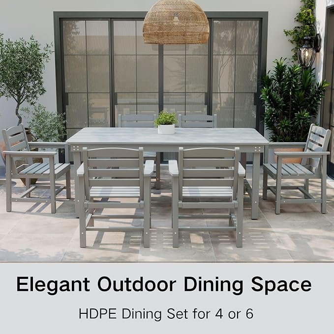 Kingdura 7 Piece Patio Dining Set for 6, HDPE Outdoor Table & Chairs with Umbrella Hole, All-Weather Outdoor Furniture Patio Conversation Set for Lawn Pool Backyard, Grey