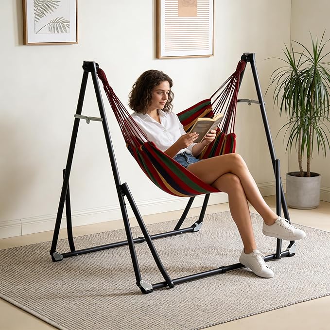SogesPower 2 in 1 Hammock with Foldable Steel Stand & Carrying Bag,Portable Hammock Swinging Chair for Outdoor Patio Garden Camping Apartment,Color Stripes