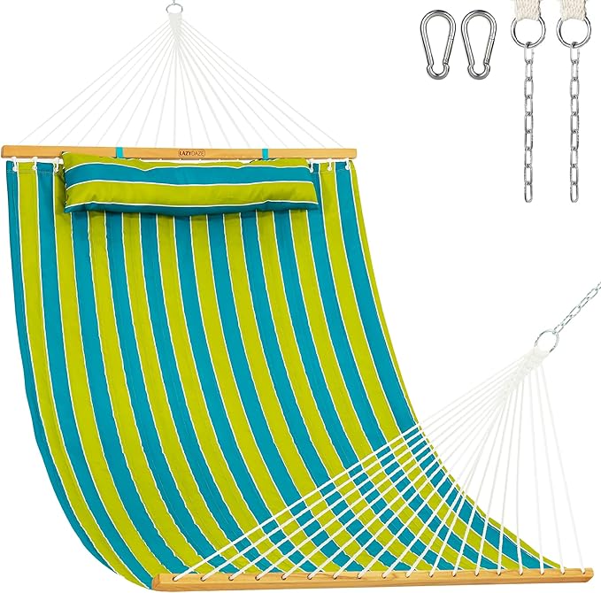 Lazy Daze Hammocks 12FT Quilted Fabric Hammock with Pillow, Double 2 Person Hammock with Spreader Bar for Outdoor Outside Patio Garden Yard Pool Beach QFH009