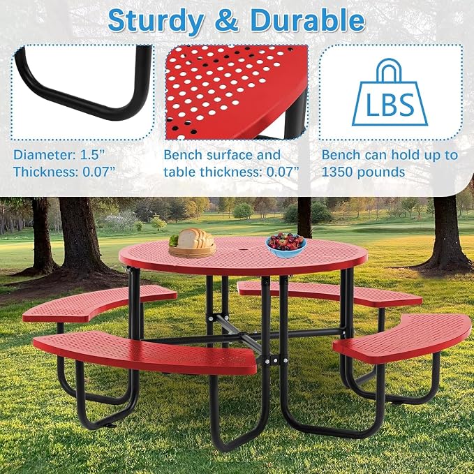 Coated Steel Heavy Duty Picnic Table for Outdoors 3200 lbs Load, Round Camping Table with 1.78" Umbrella Hole, Commercial Picnic Table with Benches, Red
