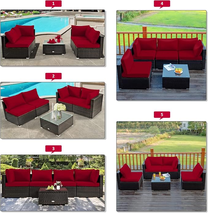 Tangkula 5 Pieces Patio Furniture Set, All Weather Wicker L-Shaped Corner Sofa Set w/Soft Cushions, Outdoor Sectional Conversation Couch Set w/Glass Table for Backyard Garden Poolside (Red)