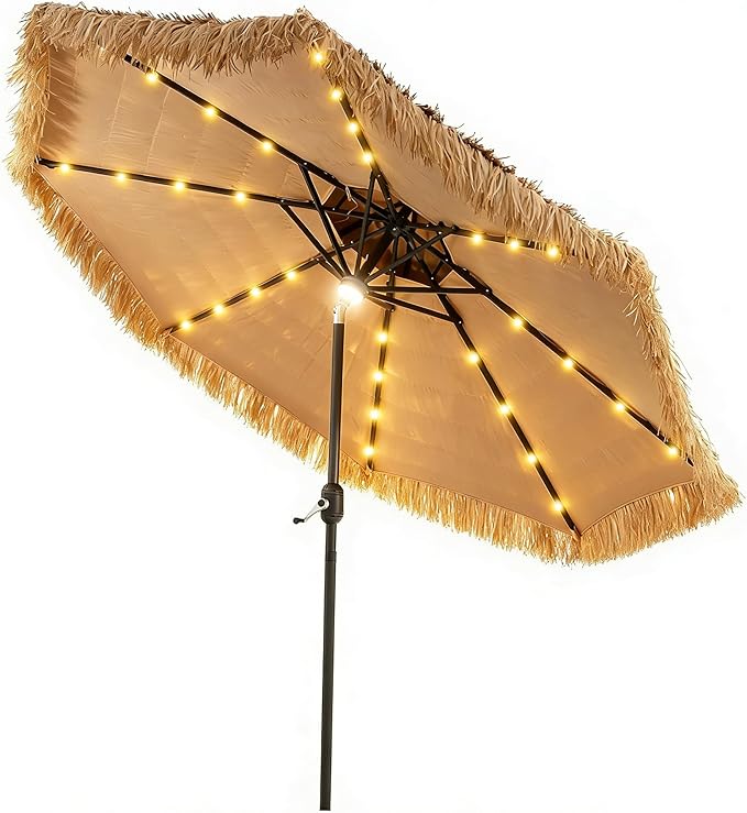 Tangkula 9 ft Thatched Patio Umbrella, 2 Tier Hawaiian Style Grass Beach Umbrella with 32 Led Lights, Center Light, Solar Tiki Umbrella with 8 Ribs, Tilt Adjustment, Manual Crank for Backyard Pool
