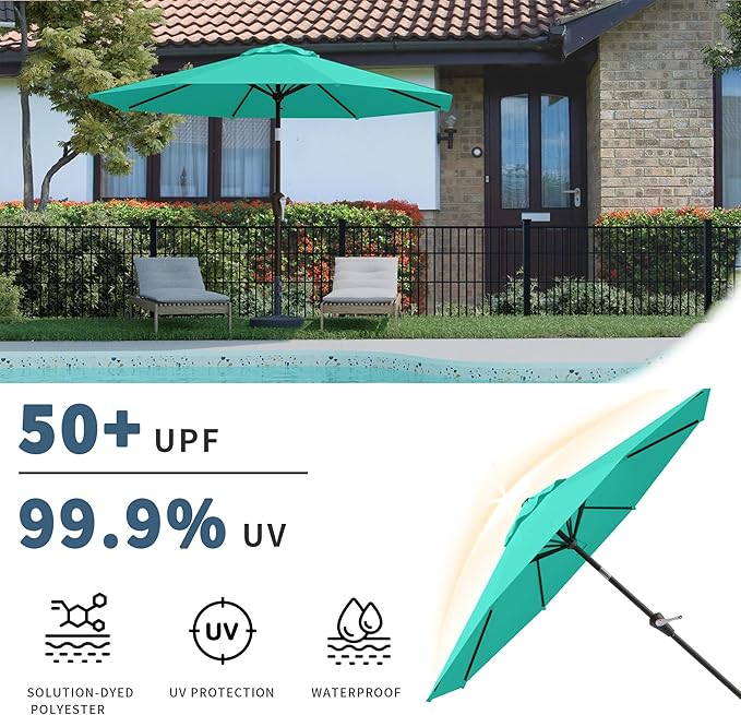 10FT Patio Umbrella, Outdoor Umbrella with Push Button Tilt and Crank, 8 Sturdy Ribs, UV Protection & Waterproof Market Umbrella for Pool, Backyard, Beach,Deck (Cerulean)