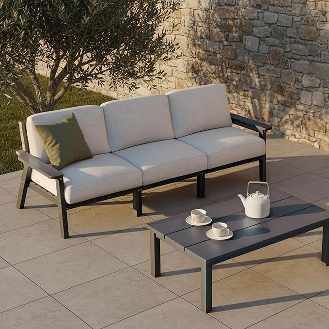 Patio Furniture Set 3 Seats, HDPE Outdoor Sectional with Washable Beige Thick Cushions, Coffee Table & Side Table, Patio Conversation Sets for Lawn, Garden, Porch, Balcony (Grey Frame)