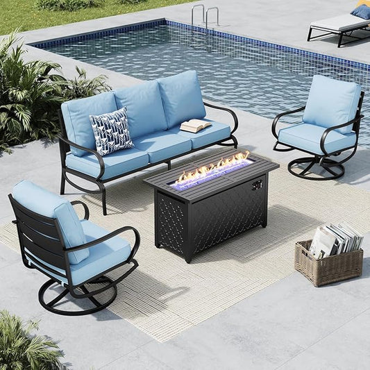 MFSTUDIO 4 Pieces Patio Conversation Sets, All Weather Metal Frame Outdoor Furniture Set Patio Sofas with 1 x 45 Rectangular Propane Fire Table, 1 x 3-Seat Sofa, 2 x Swivel Chairs, Blue Cushion