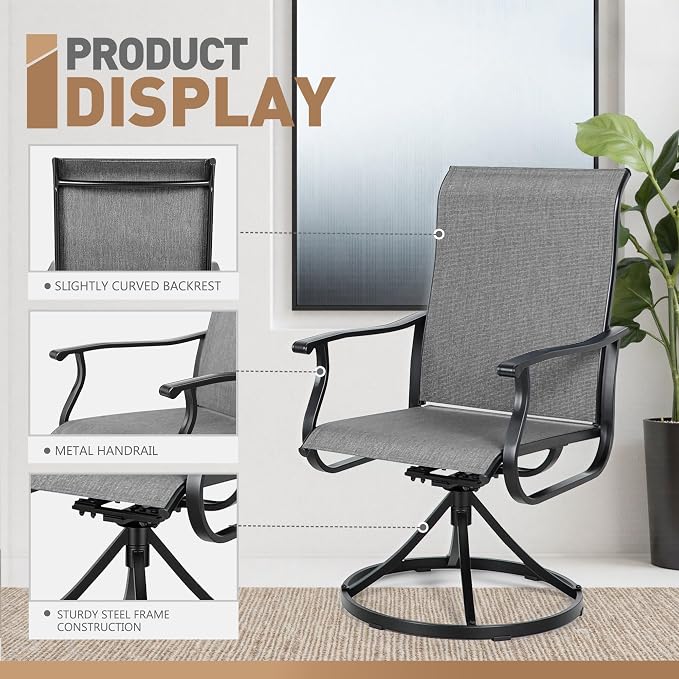 Crownland Outdoor Swivel Dining Chair Set of 4, All Weather 360° Swivel Rocking High Back Model Patio Dining Chairs, Textilene Fabric Wrought Iron Dining Chair Set for Backyard, Lawn, Garden(Grey)