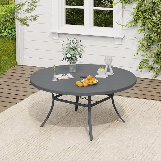 VICLLAX Patio Dining Set, 53" Dark Grey Table & 6 Chairs with Grey Cushion | Outdoor Table and Chairs Set of Round Metal Patio Table, Outdoor Dining Chairs with Metal Frame, Garden Deck Porch
