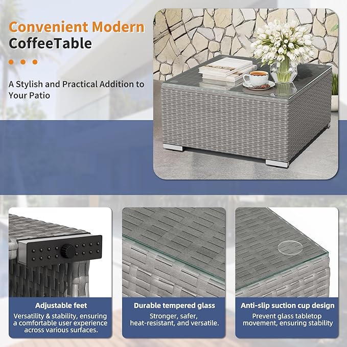 Oakcloud 8-Piece Outdoor Patio Furniture Sofa Set with 45” Propane Gas Fire Pit Table, Grey Rattan Wicker Sectional Conversation Sets with Glass Top Tables and Cushions(Dark Blue, w/Fire Pit Table)