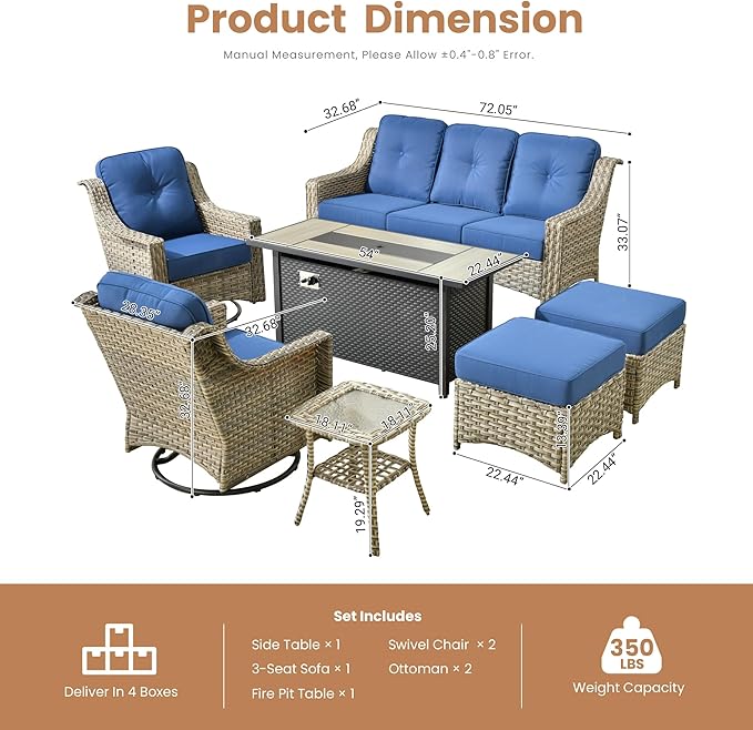 HOOOWOOO Patio Furniture Set,7 Pieces Wicker Outdoor Furniture,High Back Conversation Set with All Weather Resistant Fire Pit Table Couch Swivel Chairs Ottomans,Navy Blue