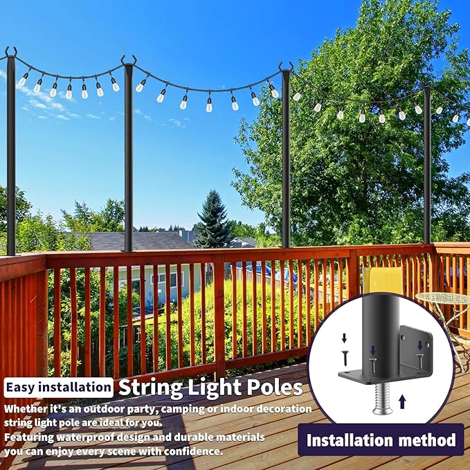 LETIANPAI 8 Pack String Light Poles,5 Ft Metal Poles with Fence Bracket for Outdoor String Lights,Outdoor Light Poles,Poles/Post/Stand for Outside