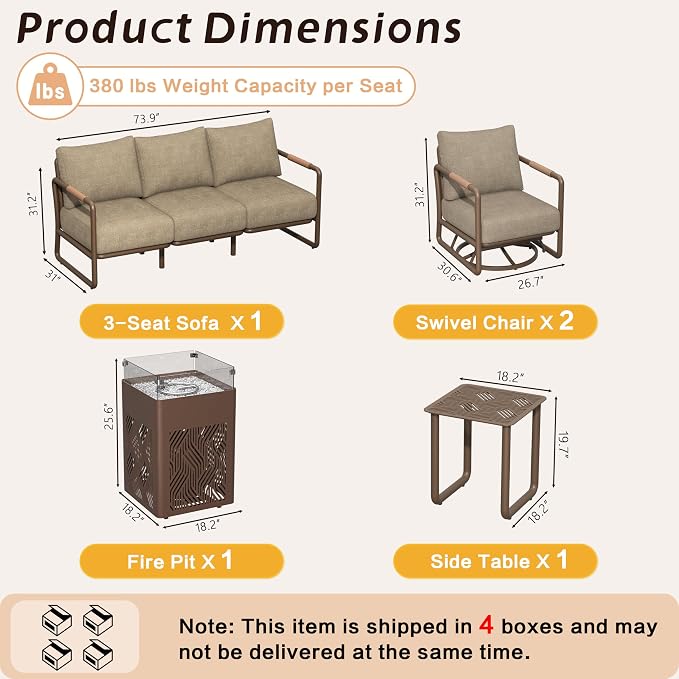 Outdoor 5-Seat Conversation Set with 2 Swivel Rocking Chairs, 45000 BTU Fire Pit Table & Glass Wind Guard - Brown