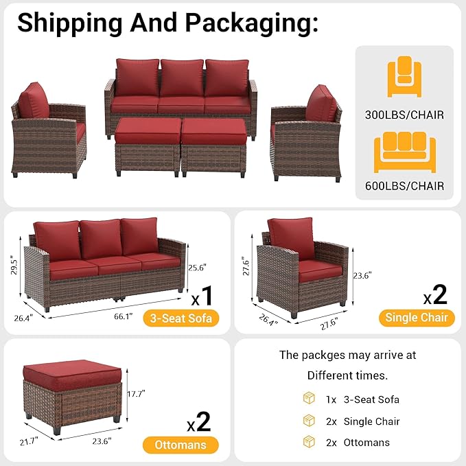 Patio Furniture Set, 5 Pieces Outdoor Sectional Sofa Couch with Chairs, Ottomans and Thick Cushions, All Weather Wicker Rattan Patio Conversation Set Wine Red