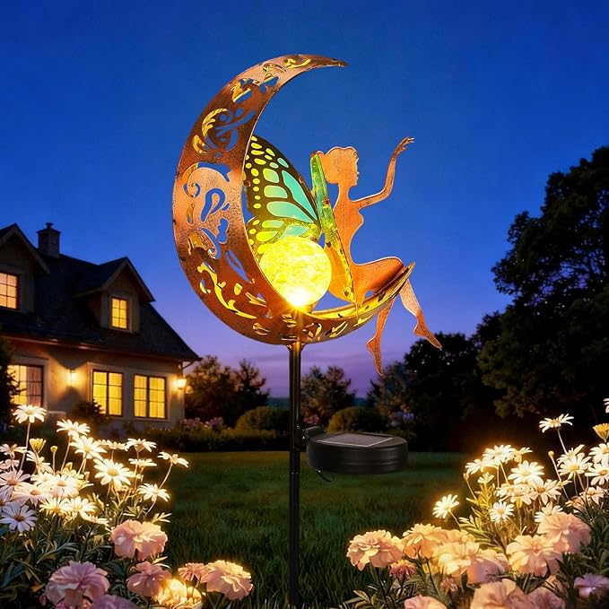Solar Garden Statues Outdoor Decor with Butterfly Fairy & Moon, Cracked Glass Solar Light Stake, Gradient Wings, Gift for Mother's Day, Housewarming, Pathway & Patio Decor for Yard, Lawn & Garden