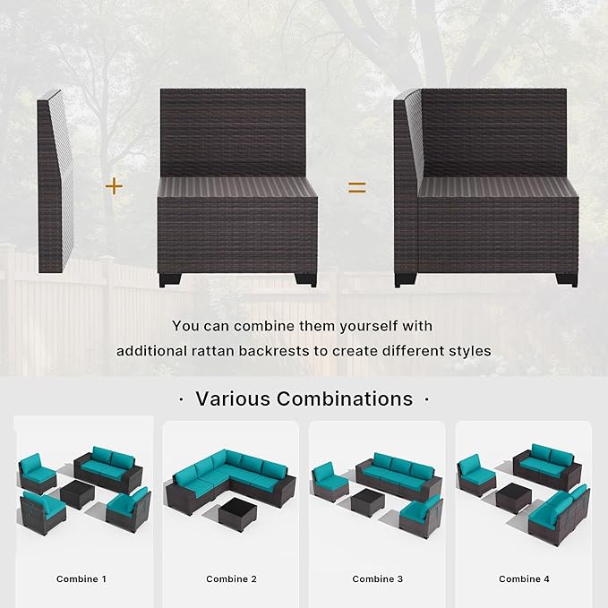 Gotland 6 Pieces Patio Furniture Set with 1 Coffee Table, 5 Seater Rattan Outdoor Sectional with Wide Armrests 29.5'' High Backrest Thick Cushions, Conversation Sets for Deck Garden Greenblue