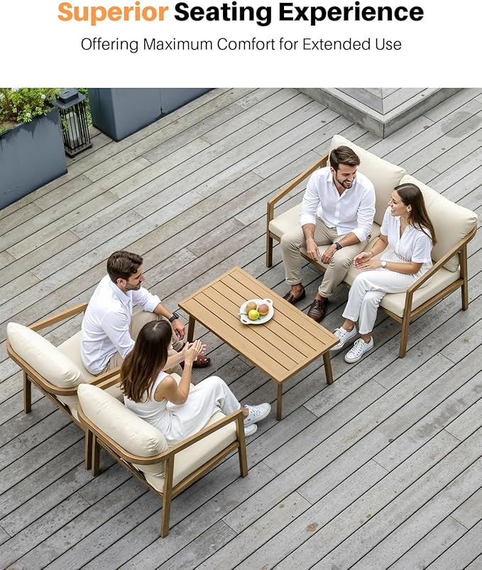 4 Pieces Outdoor Sofa Set, Never-Rust Aluminum Patio Conversation Set with Removable Cushions, Patio Furniture Set with Patio Loveseat, 2 Sofa Armchairs and Coffee Table for Pool, Deck, Teak