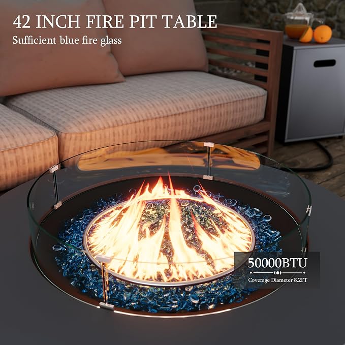 UPHA 7 Pieces Patio Furniture Set with 42" Propane Gas Fire Pit Table, Metal Outdoor Sectional Couch Set with Loveseat & 3-Seat Sofa, Modern Patio Conversation Set for Porch Balcony Deck, Navy Blue