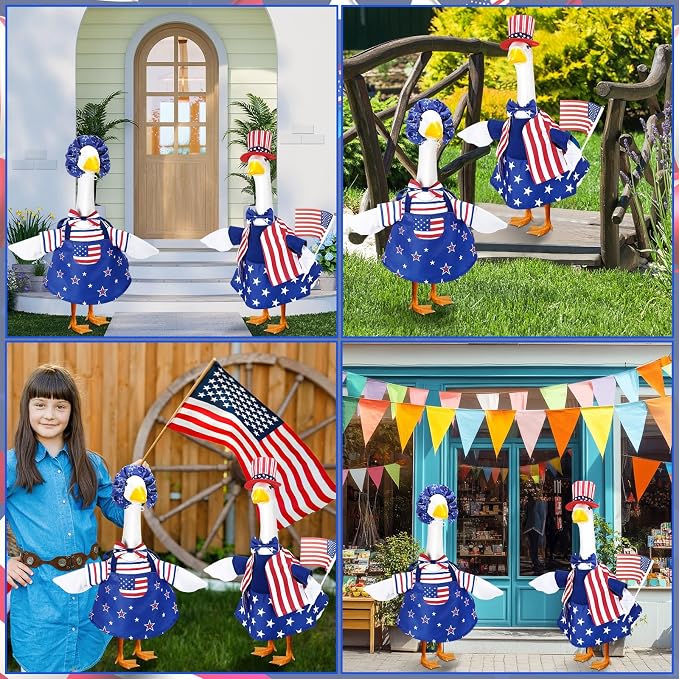 Abbylike 2 Set American 4th of July Porch Goose Outfits 250th Anniversary Goose Costume Clothes Fits Large 23'' Statues Cement for Independence Memorial Day Patriotic Lawn Yard Garden Decor