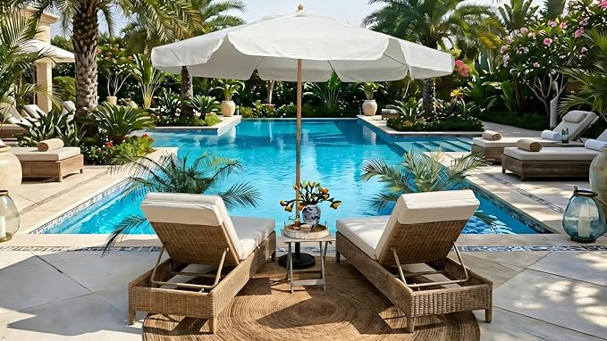 AMMSUN 7.8ft Seashore Umbrella, Outdoor Umbrella, Boho Beach & Patio Umbrella with UV 50+ Air Vent Ash Wood Pole Carry Bag & Water-Resistant Canvas (Antique White)