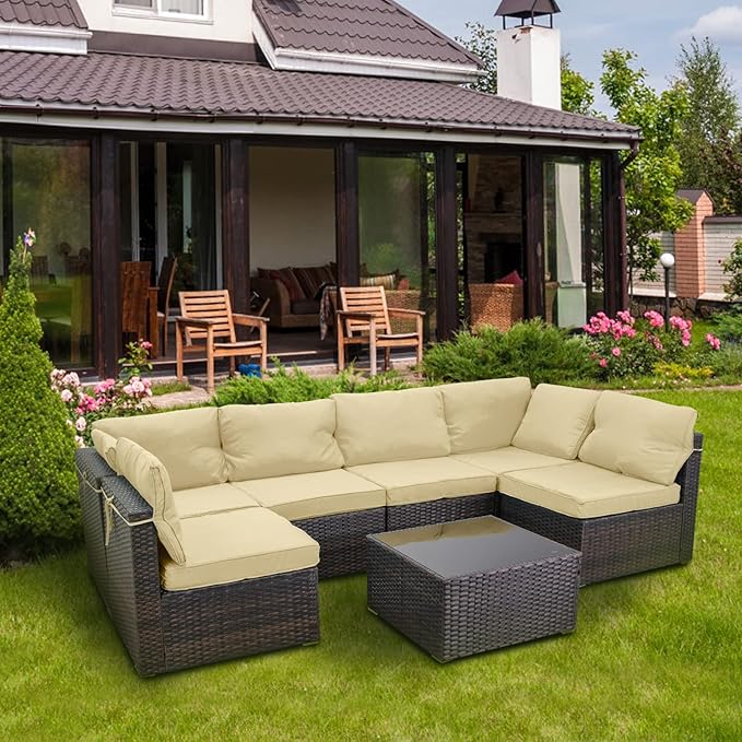 7 Pieces Outdoor Patio Furniture Sets,Rattan Conversation Sectional Set,Manual Weaving Wicker Patio Sofa with Tea Table