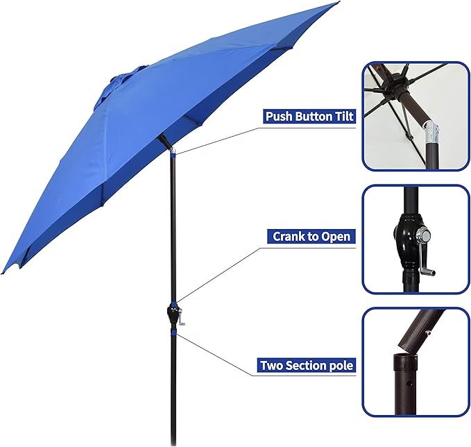 Sunline 9 ft Patio Umbrella with Crank & Push Button Tilt, Outdoor Market Umbrella with UV Protection & Wind Vent and Fiberglass Ribs, Metal Frame for Deck, Pool & Table, Pacific Blue