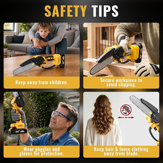Mini Chainsaw Cordless,6-inch Electric Chain Saw with 2 Lithium Battery Powered,Hand Held Saw for Tree Trimming and Wood Cutting,Best Garden Tools,Unique Gift for boyfriend,father,Men,Yellow