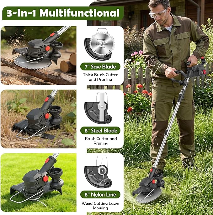 24V Cordless String Trimmer, 8-inch Battery Powered Weed Wacker with 2x4.0Ah Batteries, Foldable 3-in-1 Brush Cutter, 3 Types Blades Electric Lawn Edger with Side Wheel Assist for Yard & Garden