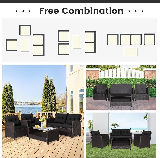 HAPPYGRILL 4 Pieces Patio Furniture Set Outdoor PE Rattan Conversation Set with 2-Tier Coffee Table, Extra Storage Shelf and Cushions, Patio PE Wicker Sofa Set for Garden Backyard Poolside