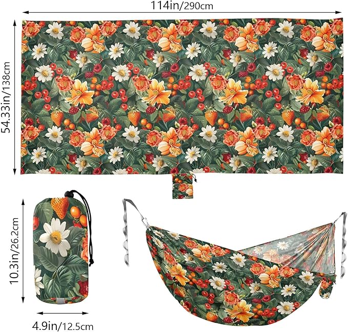 Camping Hammock Outdoor Hammocks for Outside Fruits Flowers Vivid Beach Trees Portable Lightweight with Pockets Tree Straps Indoor