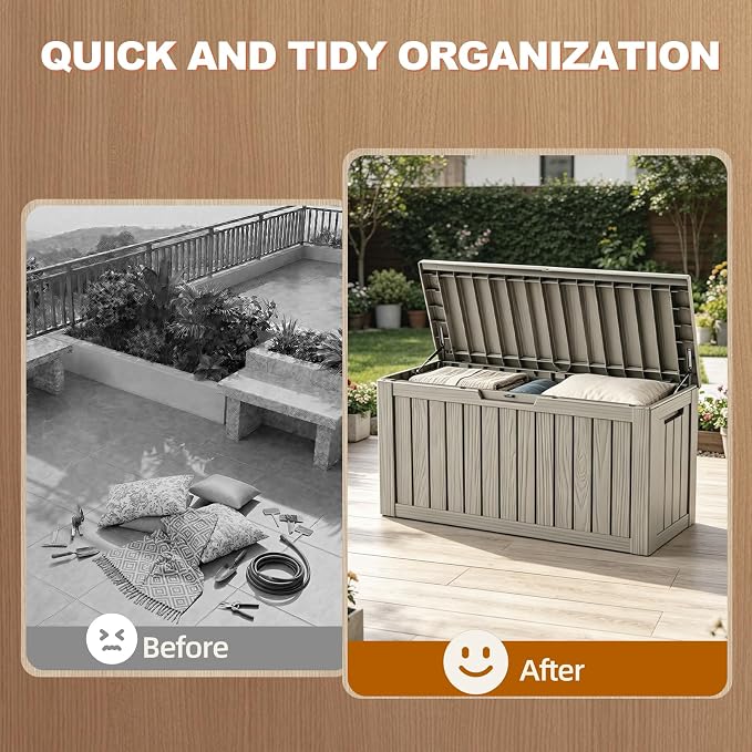 EFU Outdoor Storage Box 140 Gallon Deck Box (Indoor & Outdoor) Lockable UV Resistance Waterproof Resin Storage Bin Storage Box for Outdoor,Patio Storage With Support Rod(Taupe)