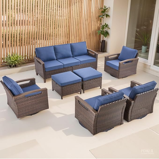 Rilyson Wicker Outdoor Patio Furniture Set - 7 Piece Patio Conversation Sets with Swivel Rocker Chairs, Ottomans, and Sofa, Thick Cushions, Waterproof Wicker, for Porch Deck Brown/Blue
