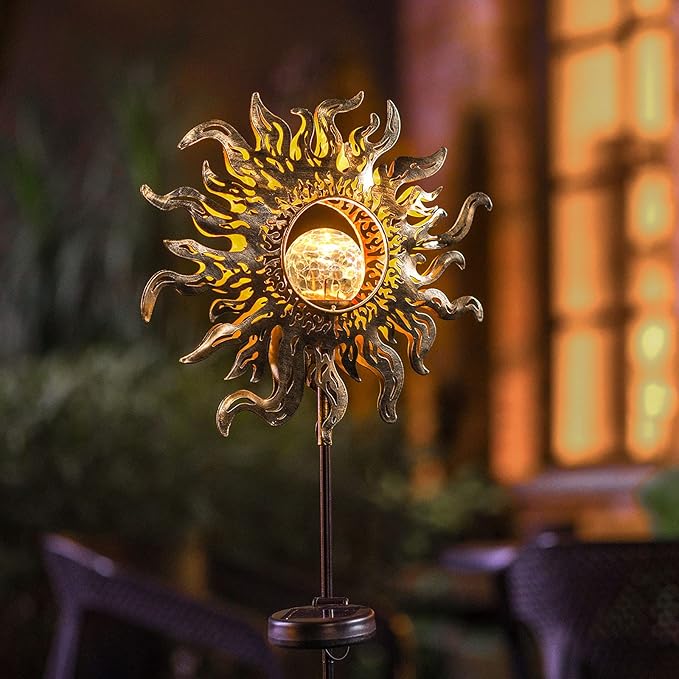 Hapjoy Solar Lights Outdoor Garden Decor Solar Powered Sun Lantern for Yard, Patio,Lawn or Pathway Sun Decorations Crackle Glass Globe Stake Metal Lights Waterproof Warm LED Garden Pathway