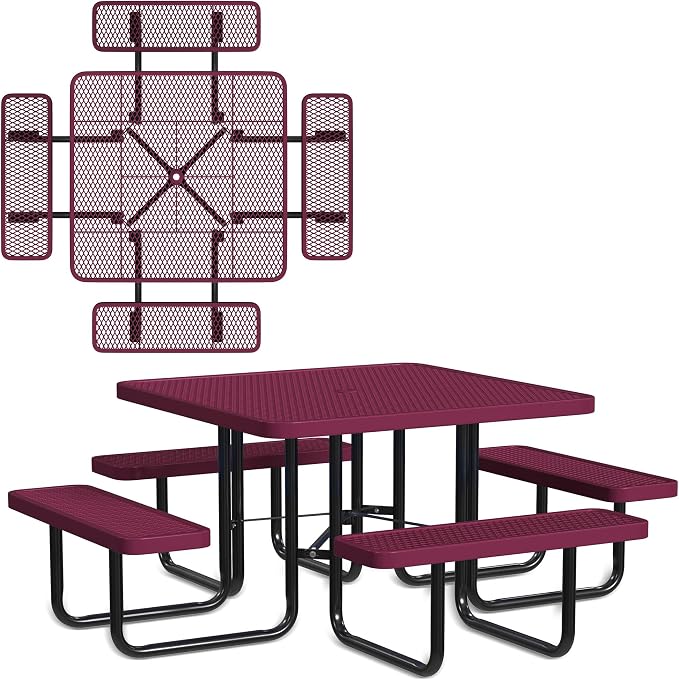 Leisure Craft Metal Picnic Table with Bench - 46" Square Outdoor Dining Table for 8 with Umbrella Hole, Weatherproof Heavy Duty Thermoplastic Coating, Commercial Grade Furniture Made in USA - Burgundy