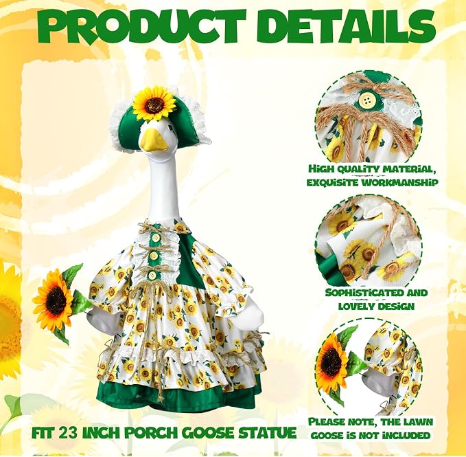 Soulchen 1 Set Sunflower Porch Goose Outfit 23 Inch Summer Cement Goose Clothes Dress and Hat Costume Set for Summer Fall Outdoor Holiday Garden Yard Decor