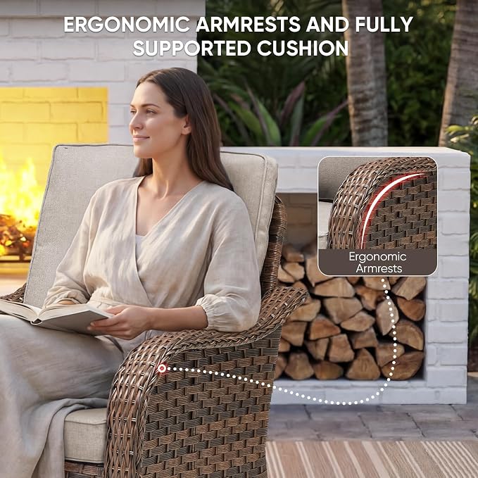 Patio Furniture Set - 3 Pieces All Weather Wicker Outdoor Couch Sofa and 2 Ottomans, Ergonomic Design for Porch, Deck, Balcony, Garden, and Backyard(Beige)